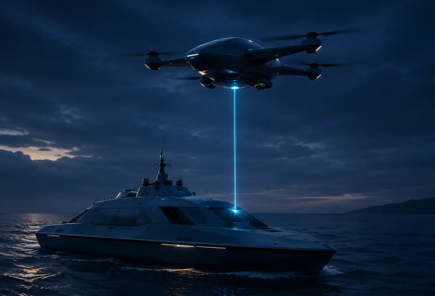 Unbemanntes Überwasserfahrzeug auf Station, darüber ein Service-UAV, im Hintergrund ein Begleitschiff.