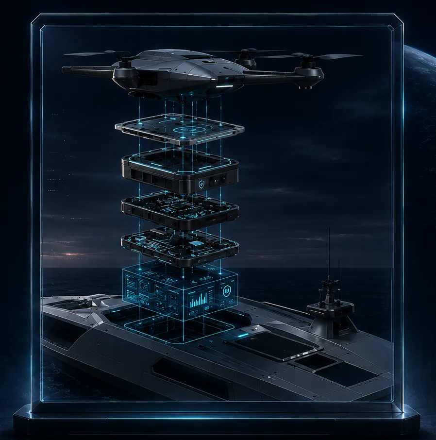 Explosionsdarstellung des AIRSWAP-Modulstapels zwischen Service-UAV und Schiffsdeck.