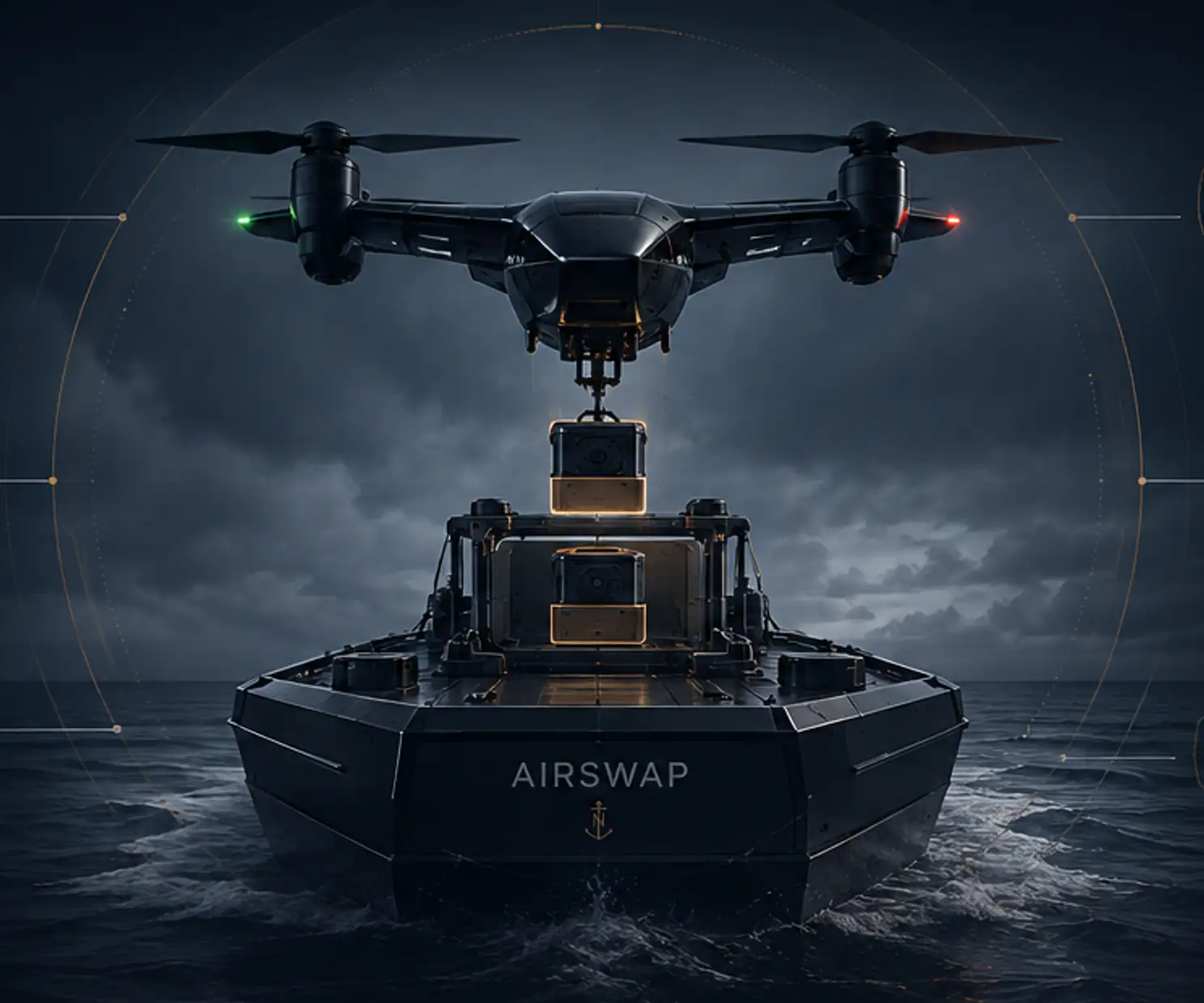 Service-UAV hält frontal Position über einem unbemannten Fahrzeug und setzt ein Funktionsmodul auf die Deckaufnahme.