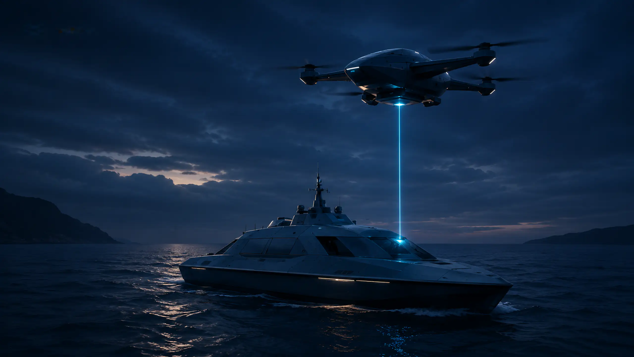 Service-UAV hält Position über einem unbemannten Überwasserfahrzeug, Serviceverbindung aufgebaut.