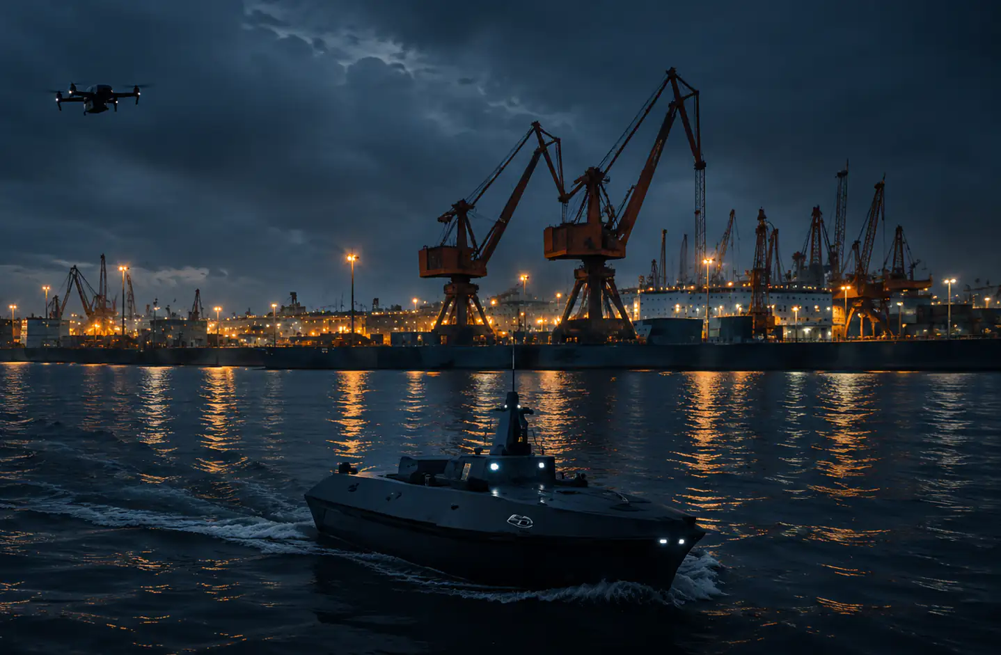 Unbemanntes Überwasserfahrzeug auf nächtlicher Patrouille vor beleuchteten Containerkranen, darüber ein UAV.