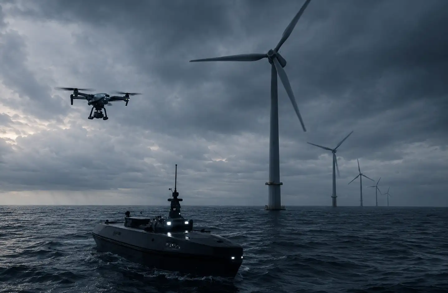 Service-UAV und unbemanntes Überwasserfahrzeug unter einer Offshore-Windenergieanlage.