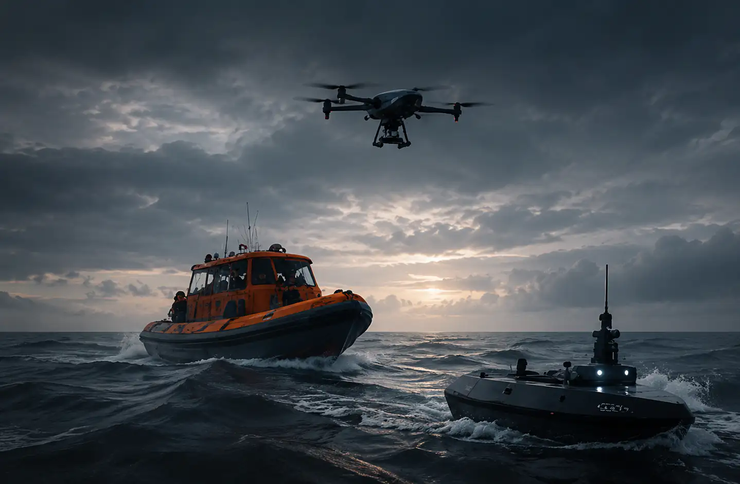 Service-UAV über einem orangefarbenen Rettungsboot, das mit einem unbemannten Fahrzeug zusammenarbeitet.