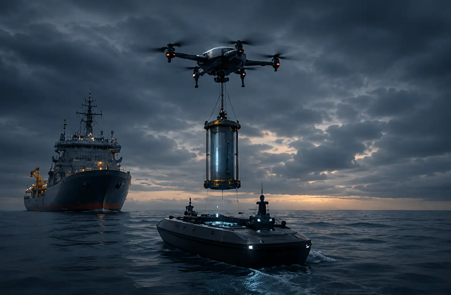 Service-UAV hebt einen beleuchteten Probenbehälter von einem unbemannten Fahrzeug neben einem Forschungsschiff.