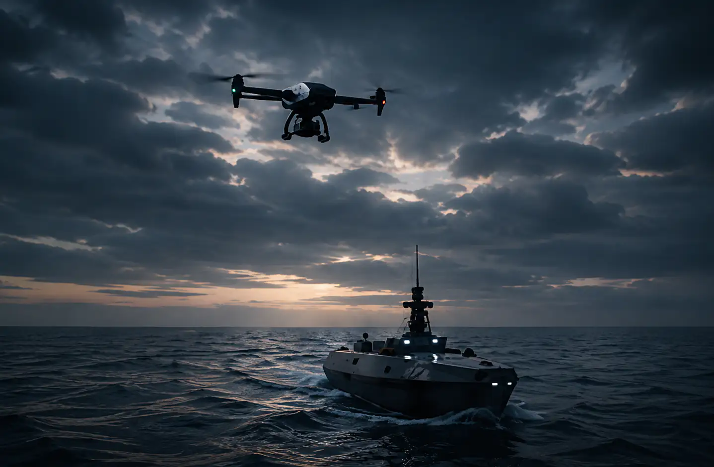 Service-UAV hält Position über einem unbemannten Überwasserfahrzeug auf offener See in der Dämmerung.