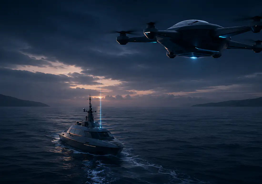 Service-UAV im Anflug auf ein unbemanntes Überwasserfahrzeug auf offener See.
