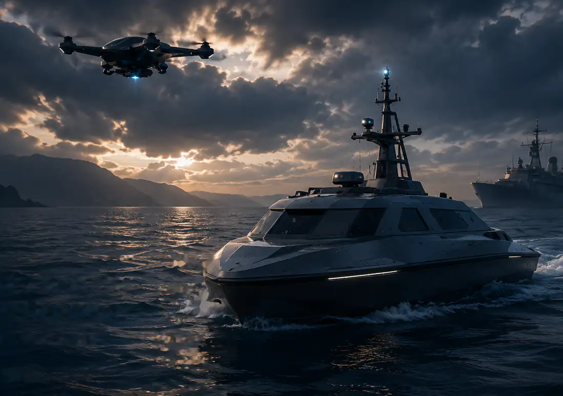 Service-UAV direkt über dem Empfängerdeck, Serviceverbindung aktiv.